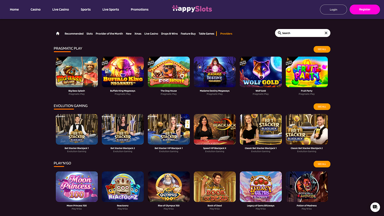 HappySlots Casino — Games by studio