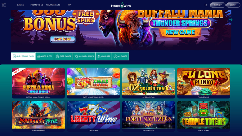 An online casino lobby screen showing a Buffalo Mania Thunder Springs promotional banner above a grid of game tiles.