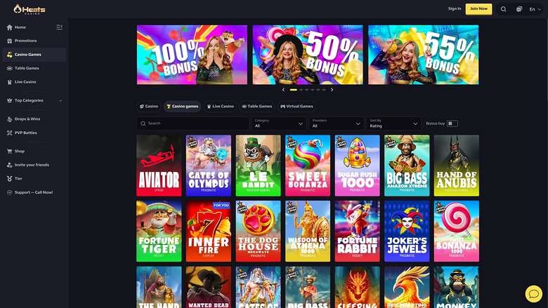 An online casino lobby screen showing a left sidebar menu, three promotional bonus banners and a grid of game tiles.