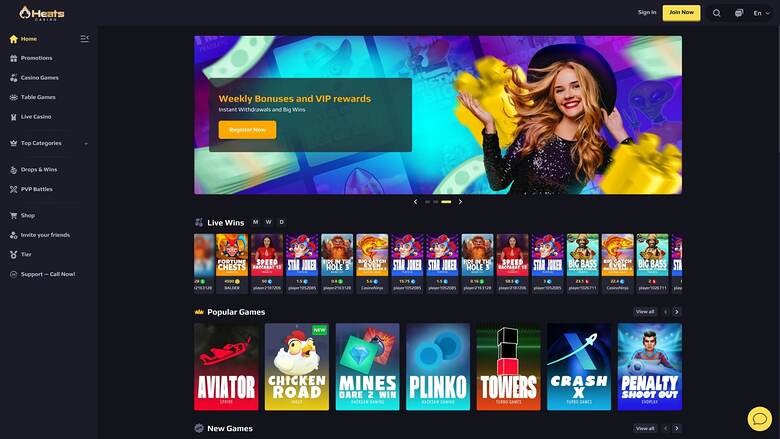 An online casino lobby screen showing a promotional hero banner, a Live Wins strip and Popular Games tiles.