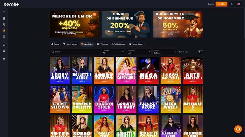 Herake Casino — Live dealer lobby