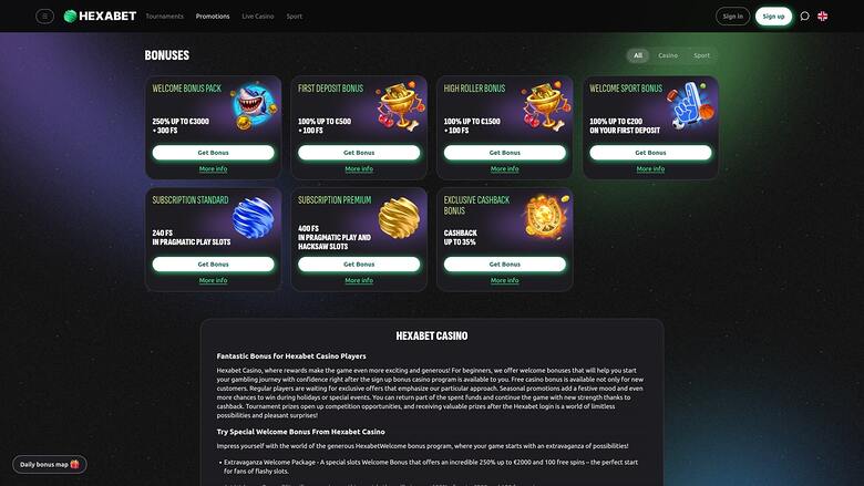 Hexabet Casino — Promotions page