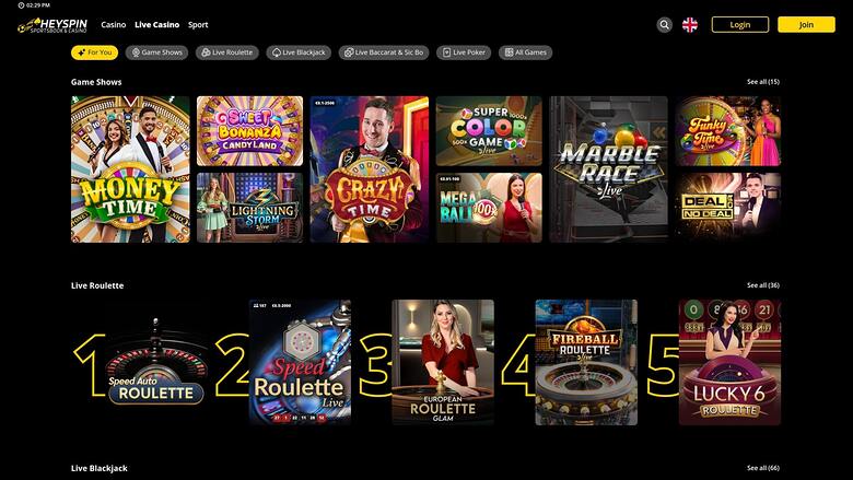 HeySpin Casino — Live dealer lobby