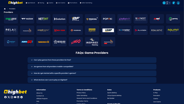 HighBet Casino — Games by studio
