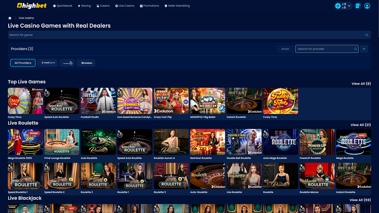 HighBet Casino — Live dealer lobby