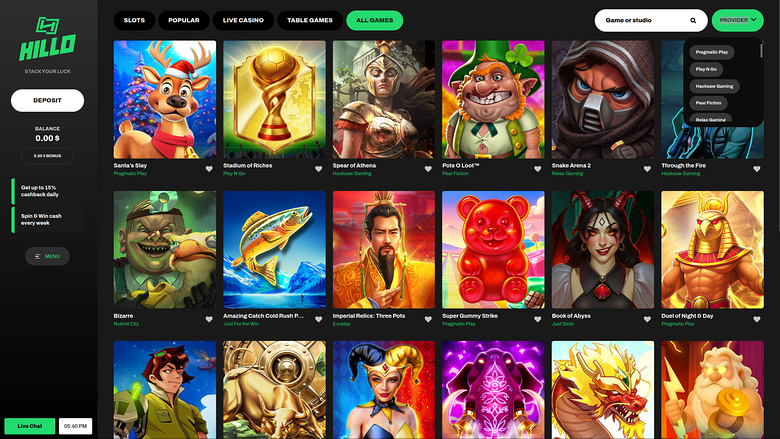 Hillo Casino — Games by studio