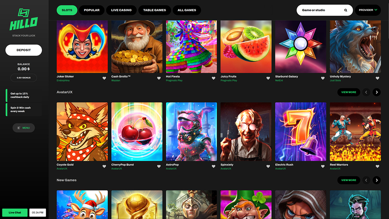 Hillo Casino — Games lobby