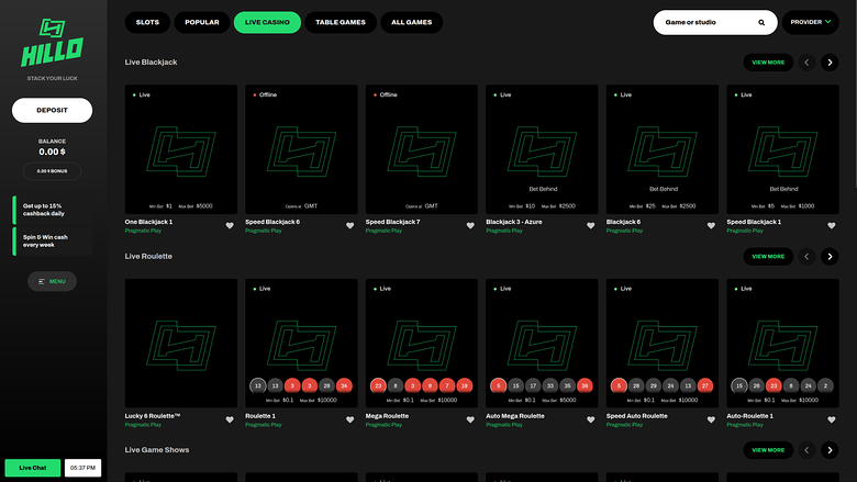 Hillo Casino — Live dealer lobby