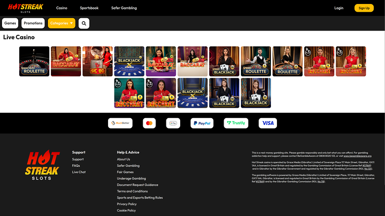 Hot Streak Casino — Live dealer lobby