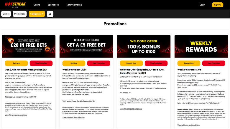 Hot Streak Casino — Promotions page