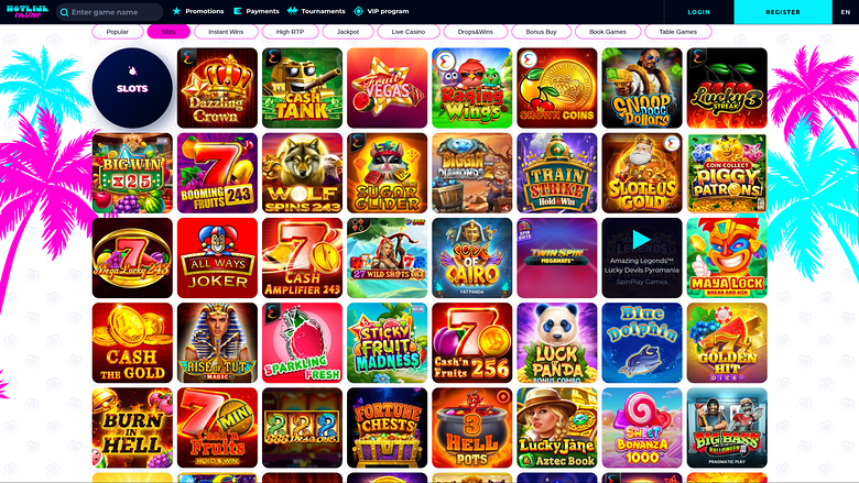 An online casino lobby screen showing a grid of game tiles beneath a top navigation bar and promotional tabs.