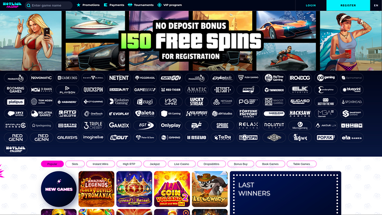 An online casino lobby screen showing a '150 Free Spins' no deposit bonus hero banner, a provider logo wall, category tabs and a row of game tiles.