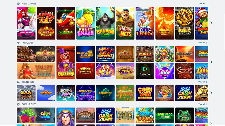 A casino lobby screen showing four horizontally scrolling game rows labelled New Games, Popular, Trending and Bonus Buy.