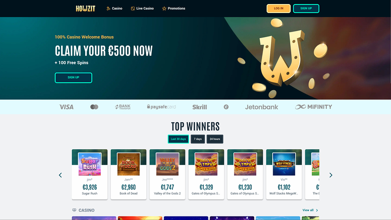 A casino homepage for Hozzit showing a welcome bonus hero banner, payment provider logos, and a Top Winners game carousel.
