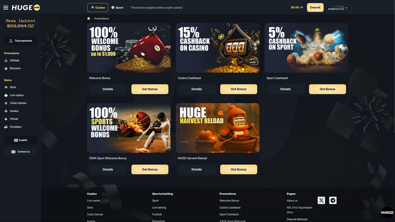 HugeWin — Promotions page