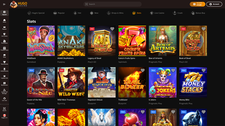 An online casino lobby screen showing a grid of slot game tiles under a 'Slots' heading with a left sidebar and top navigation.