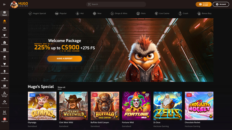 Hugo Casino homepage showing a welcome bonus hero banner and a row of game tiles under 'Hugo's Special'.