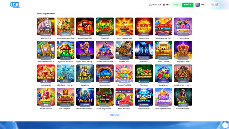A casino lobby screen showing a grid of game tiles under the heading 'Slots/All providers' with a 'SHOW MORE' button.