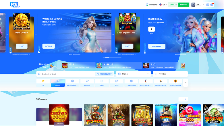 An online casino lobby homepage showing a promotional carousel, a search bar with category filters, and a Top games grid.
