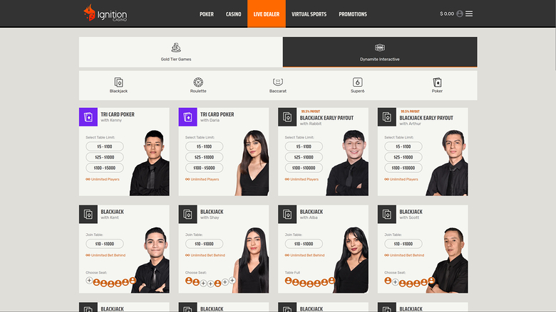 Ignition Casino — Live dealer lobby