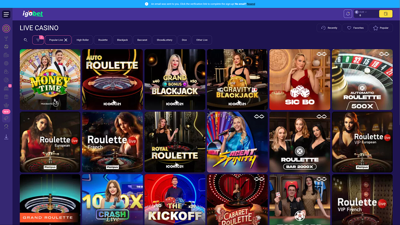 IgoBet Casino — Live dealer lobby