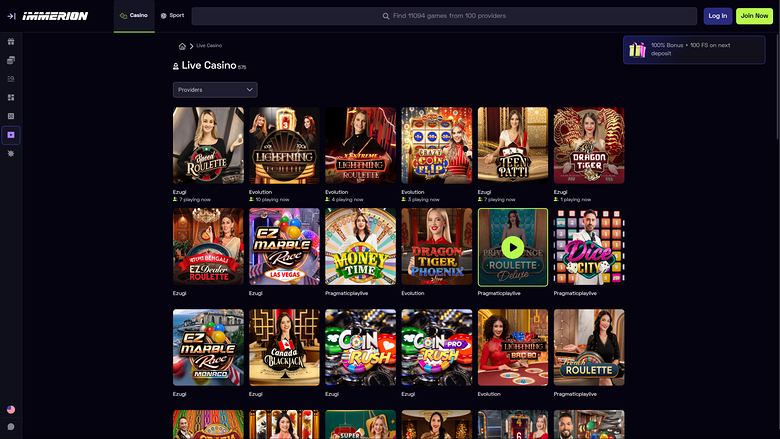 Immerion Casino — Live dealer lobby