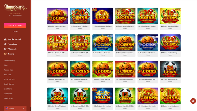 An online casino lobby page showing a grid of game tiles with a left sidebar menu and a red header panel.