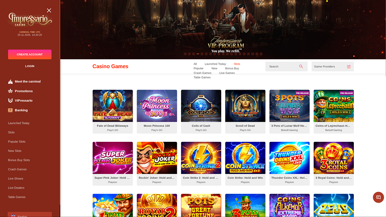 An online casino lobby screen for Impressario Casino showing a VIP Program banner and a grid of game tiles under a Casino Games heading.