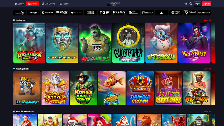 An online casino lobby page shows a top navigation bar, a provider logo strip, and rows of game tiles under Halloween, Prestige Picks and Premiere Releases head
