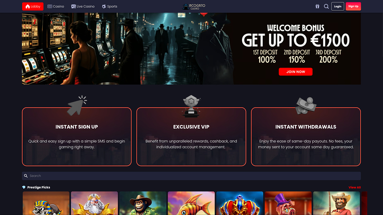 An online casino homepage shows a welcome bonus hero banner, three promotional feature cards, and a row of game tiles under a 'Prestige Picks' heading.