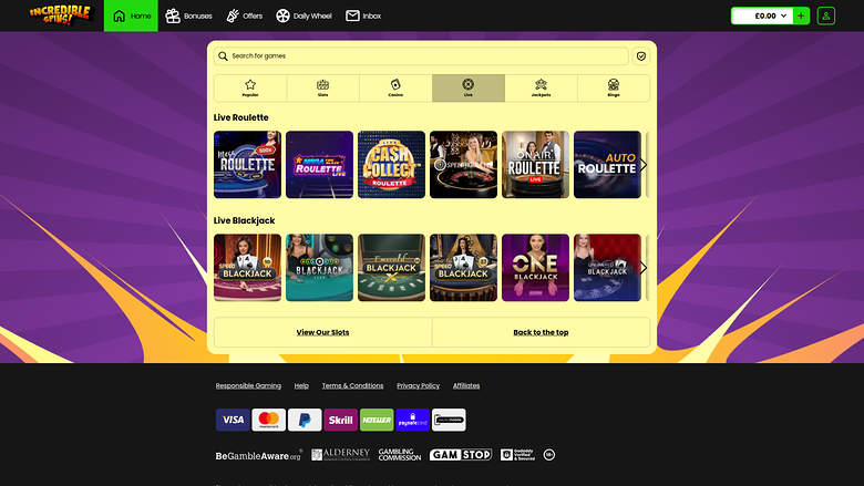 Incredible Spins Casino — Live dealer lobby