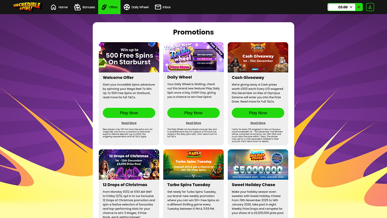 Incredible Spins Casino — Promotions page