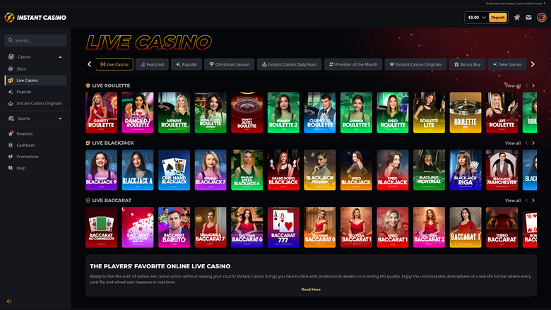 Instant Casino — Live dealer lobby