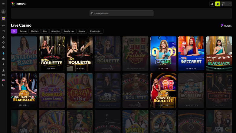 Instasino Casino — Live dealer lobby
