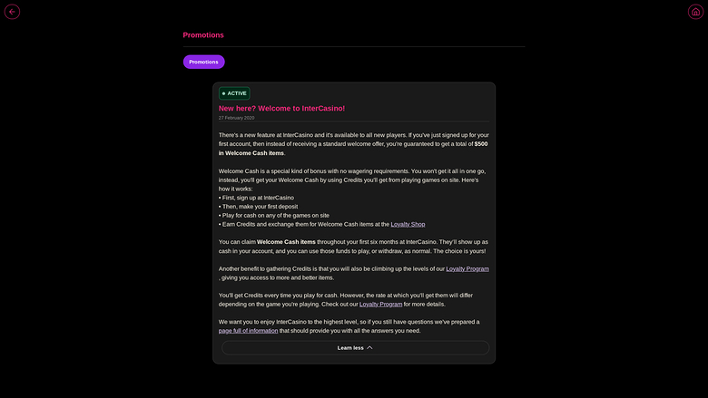 InterCasino — Promotions page