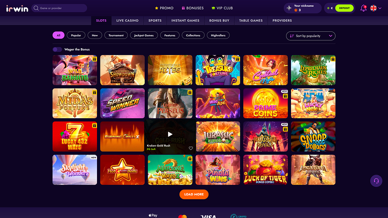 An online casino lobby page showing a grid of game tiles under a top navigation bar.