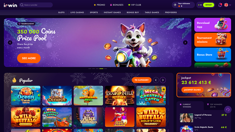 An online casino lobby homepage showing a tournament hero banner, popular game tiles, a jackpot counter and side promotion panels.