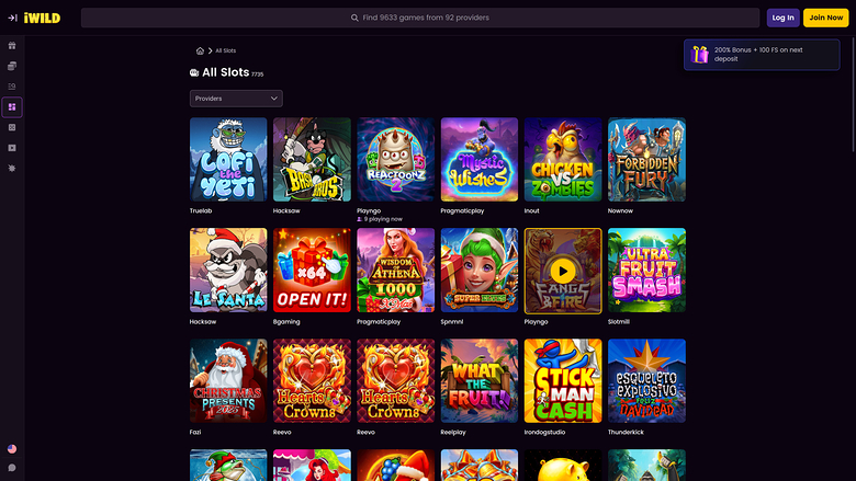 An online casino lobby showing an 'All Slots' grid of game tiles with a search bar, login and join buttons, and a bonus banner.