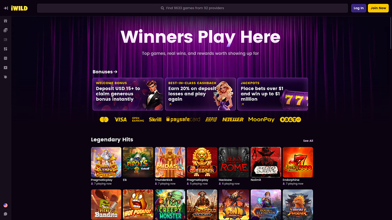 An online casino homepage with a purple curtain hero banner, three bonus cards, payment icons and a grid of game tiles under a Legendary Hits heading.