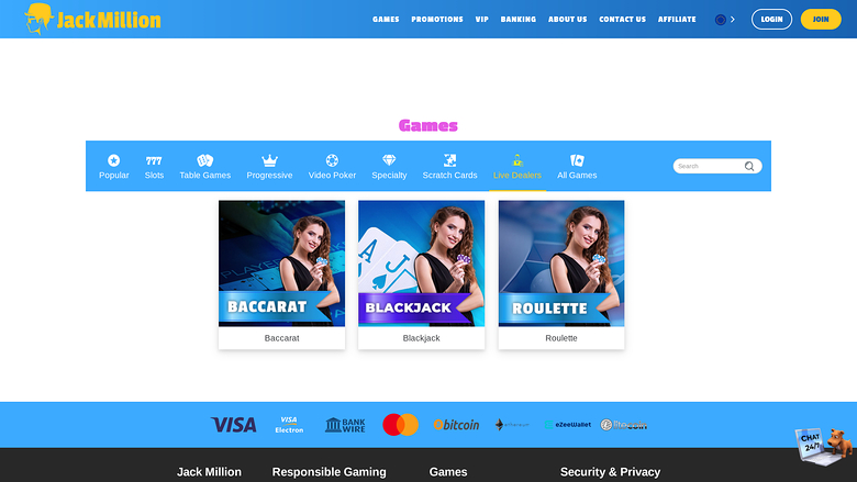 JackMillion Casino — Live dealer lobby