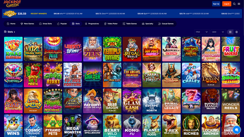 A slots lobby screen on the Jackpot Capital online casino site showing a grid of game tiles beneath a jackpot ticker and category menu.