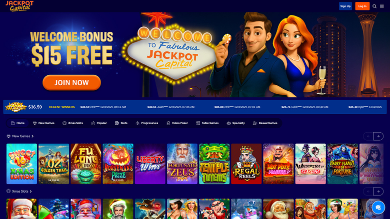 A Jackpot Capital casino homepage showing a $15 free welcome bonus hero banner, a recent winners ticker, and rows of game tiles.
