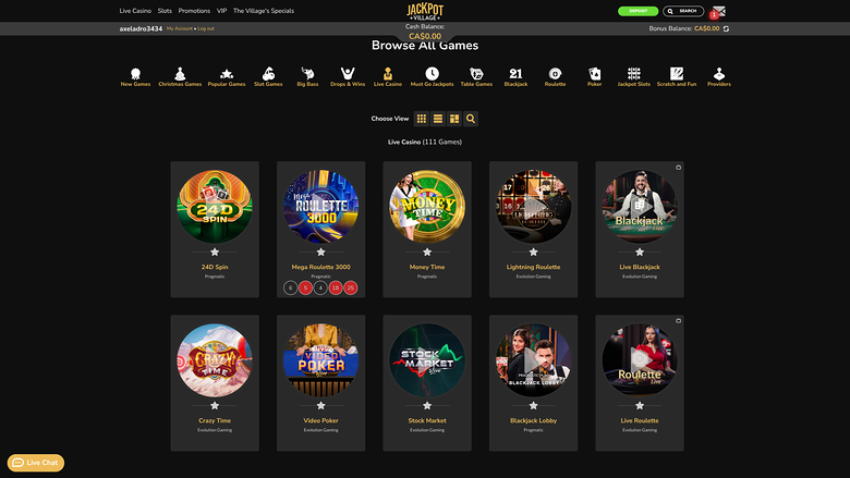 Jackpot Village Casino — Live dealer lobby