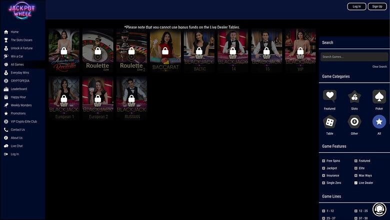 Jackpot Wheel Casino — Live dealer lobby