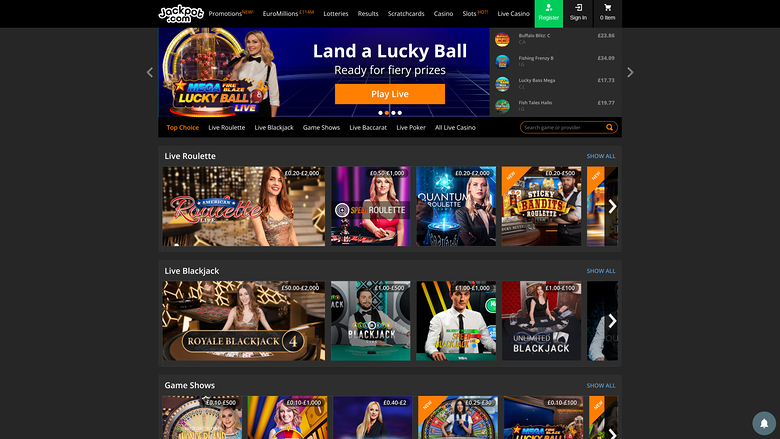 Jackpot.com Casino — Live dealer lobby