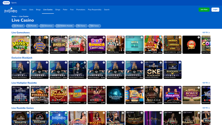 Jackpotjoy Casino — Live dealer lobby