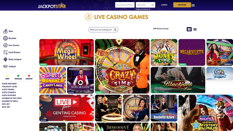 JackpotStar — Live dealer lobby