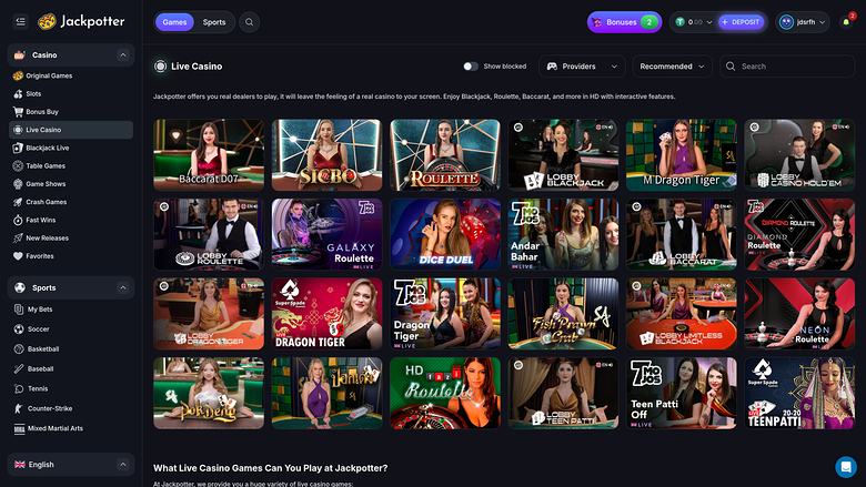 Jackpotter Casino — Live dealer lobby