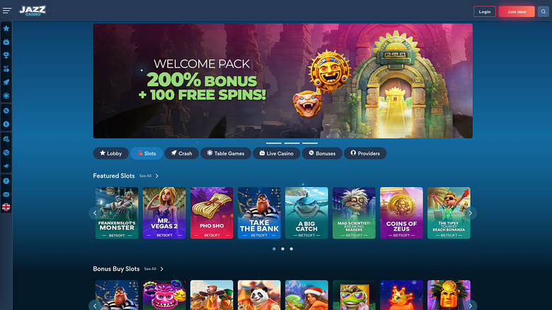 An online casino lobby page showing a welcome pack banner, category tabs and rows of game tiles.