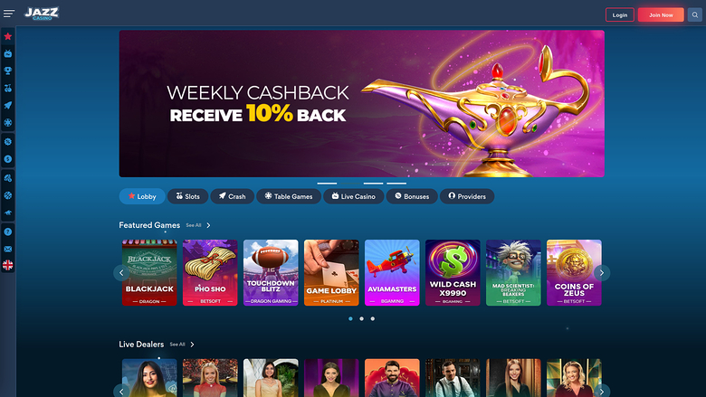 An online casino lobby page showing a weekly cashback promotion banner, category tabs, featured game tiles and a live dealers row.